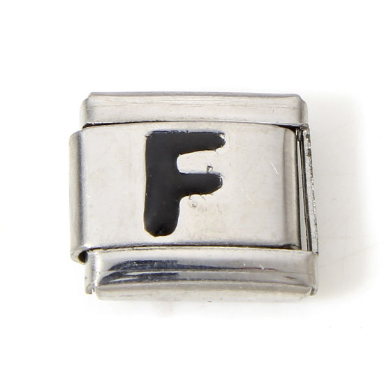 Picture of 1 Piece 304 Stainless Steel Italian Charm Links For DIY Bracelet Jewelry Making Silver Tone Black Rectangle Initial Alphabet/ Capital Letter Message " F " Enamel 10mm x 9mm
