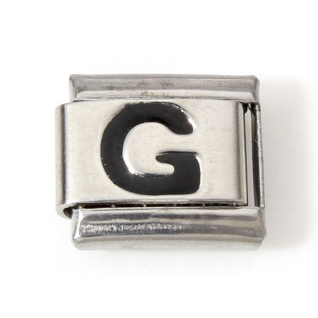 Image de 1 Pièce Bracelet à Maillons Breloques Italiens Accessories de Fabrication de Bracelets Bijoux DIY en 304 Acier Inoxydable Argent Mat Noir Rectangle Alphabet Initial/ Lettre Majuscule Mots " G " Émail 10mm x 9mm