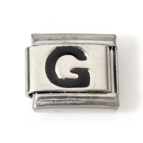 Picture of 1 Piece 304 Stainless Steel Italian Charm Links For DIY Bracelet Jewelry Making Silver Tone Black Rectangle Initial Alphabet/ Capital Letter Message " G " Enamel 10mm x 9mm