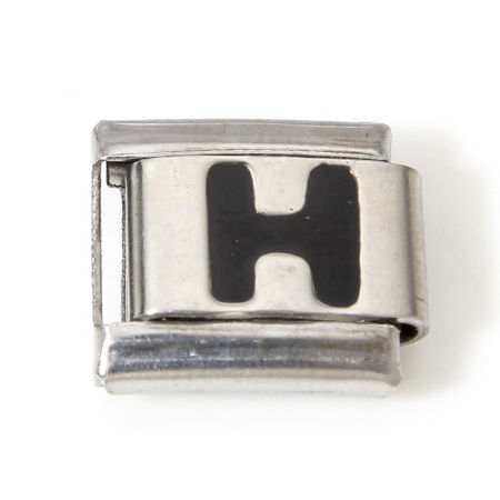 Image de 1 Pièce Bracelet à Maillons Breloques Italiens Accessories de Fabrication de Bracelets Bijoux DIY en 304 Acier Inoxydable Argent Mat Noir Rectangle Alphabet Initial/ Lettre Majuscule Mots " H " Émail 10mm x 9mm