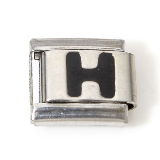 Picture of 1 Piece 304 Stainless Steel Italian Charm Links For DIY Bracelet Jewelry Making Silver Tone Black Rectangle Initial Alphabet/ Capital Letter Message " H " Enamel 10mm x 9mm