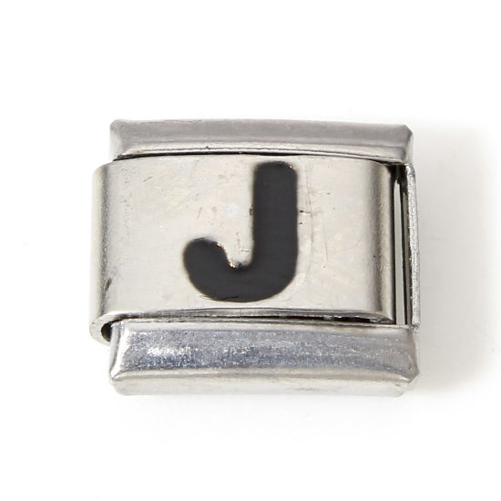 Picture of 1 Piece 304 Stainless Steel Italian Charm Links For DIY Bracelet Jewelry Making Silver Tone Black Rectangle Initial Alphabet/ Capital Letter Message " J " Enamel 10mm x 9mm
