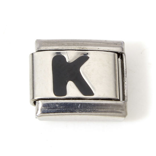 Picture of 1 Piece 304 Stainless Steel Italian Charm Links For DIY Bracelet Jewelry Making Silver Tone Black Rectangle Initial Alphabet/ Capital Letter Message " K " Enamel 10mm x 9mm