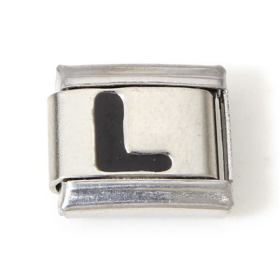 Picture of 1 Piece 304 Stainless Steel Italian Charm Links For DIY Bracelet Jewelry Making Silver Tone Black Rectangle Initial Alphabet/ Capital Letter Message " L " Enamel 10mm x 9mm