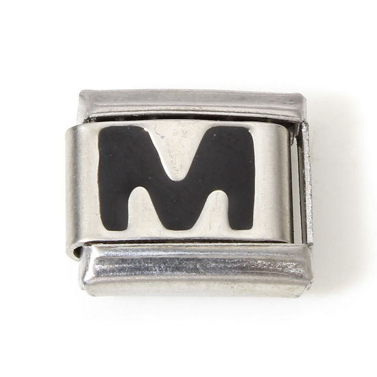 Picture of 1 Piece 304 Stainless Steel Italian Charm Links For DIY Bracelet Jewelry Making Silver Tone Black Rectangle Initial Alphabet/ Capital Letter Message " M " Enamel 10mm x 9mm