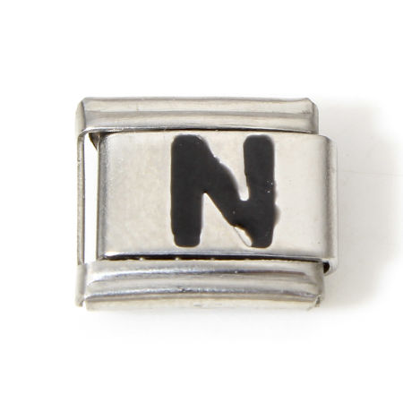Image de 1 Pièce Bracelet à Maillons Breloques Italiens Accessories de Fabrication de Bracelets Bijoux DIY en 304 Acier Inoxydable Argent Mat Noir Rectangle Alphabet Initial/ Lettre Majuscule Mots " N " Émail 10mm x 9mm