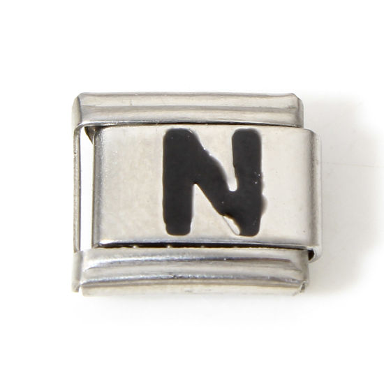 Picture of 1 Piece 304 Stainless Steel Italian Charm Links For DIY Bracelet Jewelry Making Silver Tone Black Rectangle Initial Alphabet/ Capital Letter Message " N " Enamel 10mm x 9mm