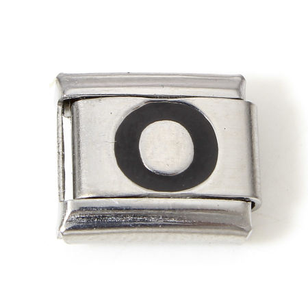 Image de 1 Pièce Bracelet à Maillons Breloques Italiens Accessories de Fabrication de Bracelets Bijoux DIY en 304 Acier Inoxydable Argent Mat Noir Rectangle Alphabet Initial/ Lettre Majuscule Mots " O " Émail 10mm x 9mm