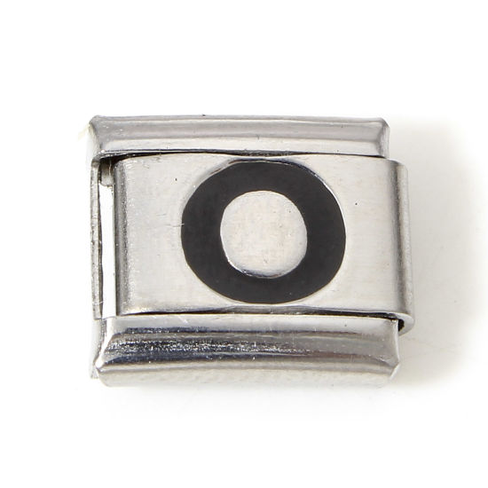 Picture of 1 Piece 304 Stainless Steel Italian Charm Links For DIY Bracelet Jewelry Making Silver Tone Black Rectangle Initial Alphabet/ Capital Letter Message " O " Enamel 10mm x 9mm