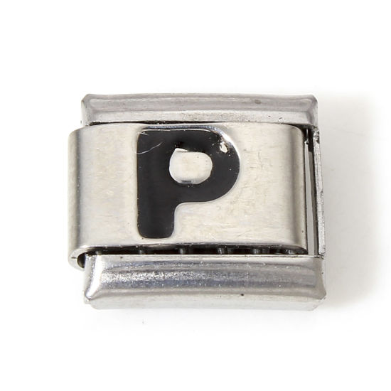 Picture of 1 Piece 304 Stainless Steel Italian Charm Links For DIY Bracelet Jewelry Making Silver Tone Black Rectangle Initial Alphabet/ Capital Letter Message " P " Enamel 10mm x 9mm