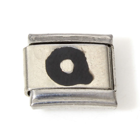 Picture of 1 Piece 304 Stainless Steel Italian Charm Links For DIY Bracelet Jewelry Making Silver Tone Black Rectangle Initial Alphabet/ Capital Letter Message " Q " Enamel 10mm x 9mm