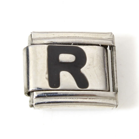 Picture of 1 Piece 304 Stainless Steel Italian Charm Links For DIY Bracelet Jewelry Making Silver Tone Black Rectangle Initial Alphabet/ Capital Letter Message " R " Enamel 10mm x 9mm