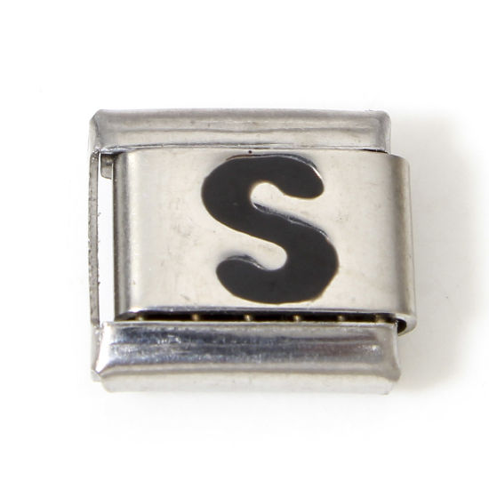 Picture of 1 Piece 304 Stainless Steel Italian Charm Links For DIY Bracelet Jewelry Making Silver Tone Black Rectangle Initial Alphabet/ Capital Letter Message " S " Enamel 10mm x 9mm
