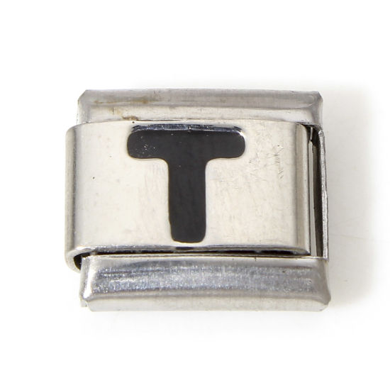 Picture of 1 Piece 304 Stainless Steel Italian Charm Links For DIY Bracelet Jewelry Making Silver Tone Black Rectangle Initial Alphabet/ Capital Letter Message " T " Enamel 10mm x 9mm