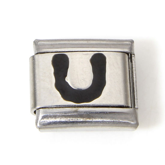 Picture of 1 Piece 304 Stainless Steel Italian Charm Links For DIY Bracelet Jewelry Making Silver Tone Black Rectangle Initial Alphabet/ Capital Letter Message " U " Enamel 10mm x 9mm