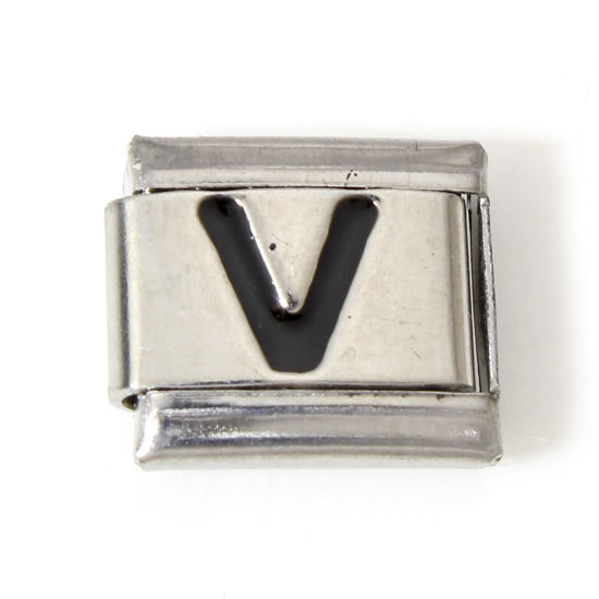 Picture of 1 Piece 304 Stainless Steel Italian Charm Links For DIY Bracelet Jewelry Making Silver Tone Black Rectangle Initial Alphabet/ Capital Letter Message " V " Enamel 10mm x 9mm