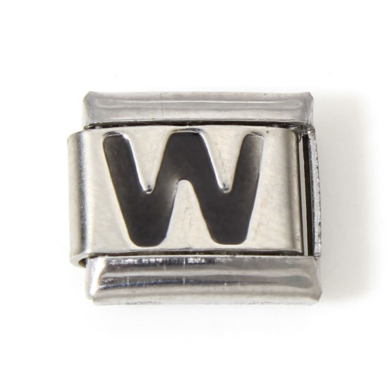 Picture of 1 Piece 304 Stainless Steel Italian Charm Links For DIY Bracelet Jewelry Making Silver Tone Black Rectangle Initial Alphabet/ Capital Letter Message " W " Enamel 10mm x 9mm