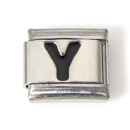 Picture of 1 Piece 304 Stainless Steel Italian Charm Links For DIY Bracelet Jewelry Making Silver Tone Black Rectangle Initial Alphabet/ Capital Letter Message " Y " Enamel 10mm x 9mm