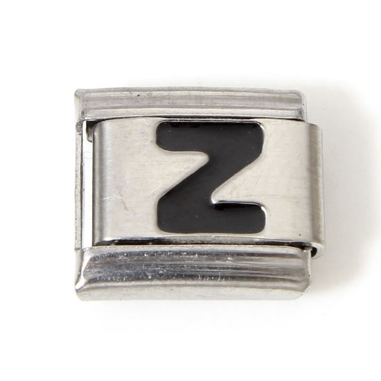 Picture of 1 Piece 304 Stainless Steel Italian Charm Links For DIY Bracelet Jewelry Making Silver Tone Black Rectangle Initial Alphabet/ Capital Letter Message " Z " Enamel 10mm x 9mm