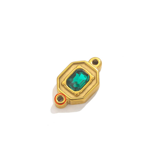 Imagen de 1 Unidad Enchapado al Vacío Ecológico 304 Acero Inoxidable Conectores Dijes Colgantes Rectángulo Color Oro de 18K Verde Rhinestone 24mm x 13.5mm