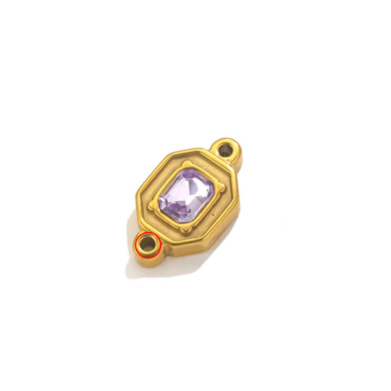 Imagen de 1 Unidad Enchapado al Vacío Ecológico 304 Acero Inoxidable Conectores Dijes Colgantes Rectángulo Color Oro de 18K Amatista Rhinestone 24mm x 13.5mm