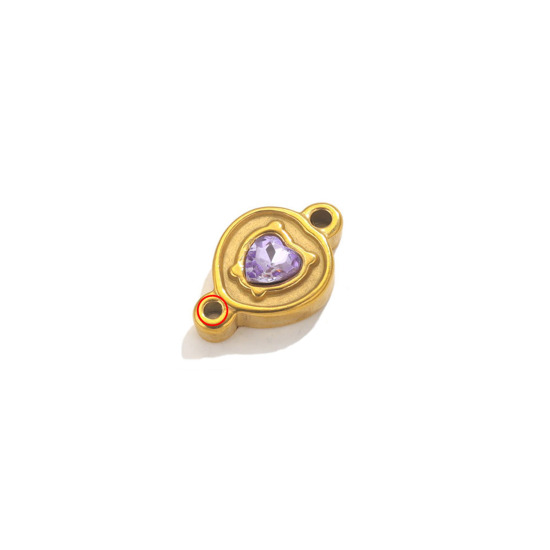 Imagen de 1 Unidad Enchapado al Vacío Ecológico 304 Acero Inoxidable Conectores Dijes Colgantes Corazón Color Oro de 18K Amatista Rhinestone 21mm x 13.5mm