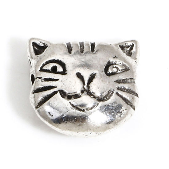 Picture of 50 PCs Zinc Based Alloy Spacer Beads For DIY Charm Jewelry Making Antique Silver Color Cat Animal About 11mm x 11mm, Hole: Approx 1.4mm