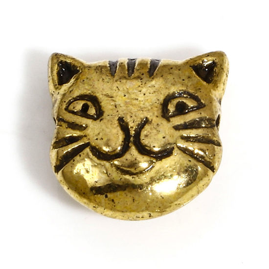 Picture of 50 PCs Zinc Based Alloy Spacer Beads For DIY Charm Jewelry Making Gold Tone Antique Gold Cat Animal About 11mm x 11mm, Hole: Approx 1.4mm