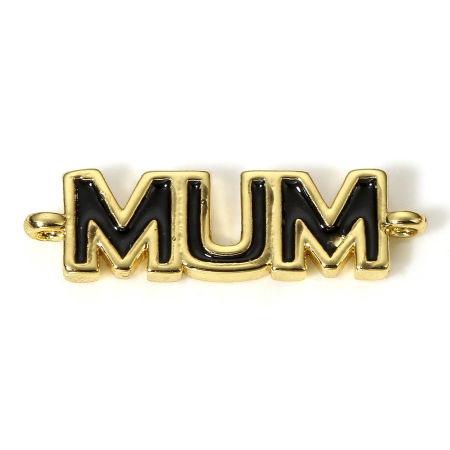 Picture of 1 Piece Brass Mother's Day Connectors Charms Pendants 18K Real Gold Plated Black Enamel Message " MUM " 19mm x 5mm