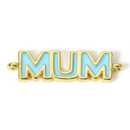 Picture of 1 Piece Brass Mother's Day Connectors Charms Pendants 18K Real Gold Plated Blue Enamel Message " MUM " 19mm x 5mm