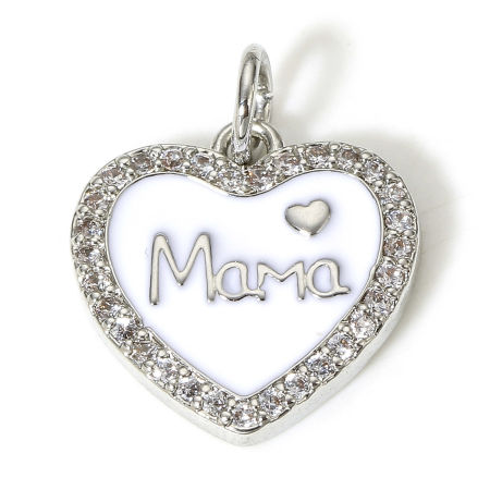 Picture of 1 Piece Brass Mother's Day Charms Real Platinum Plated Heart Message " Mama " Micro Pave Clear Cubic Zirconia 18mm x 14mm