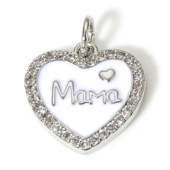 Изображение 1 ШТ Латунь День матери Подвески Сердце Настоящее платиновое покрытие Сообщение Mama " Бижутерия усыпанная мелким фианит Прозрачный Искусственный Циркон 18мм x 14мм