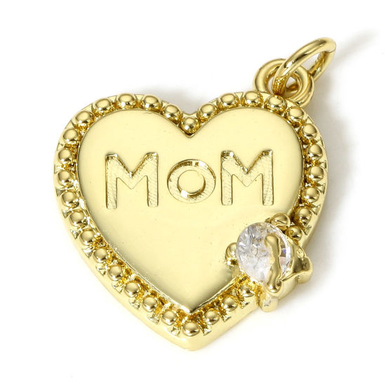 Immagine di 1 Pz Ottone Festa Della Mamma Charms Cuore 18K Vero Oro Placcato Lettere " Mom " Trasparente Cubic Zirconiae 19mm x 14mm