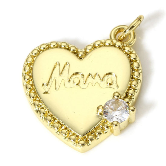 Immagine di 1 Pz Ottone Festa Della Mamma Charms Cuore 18K Vero Oro Placcato Lettere " Mama " Trasparente Cubic Zirconiae 19mm x 14mm