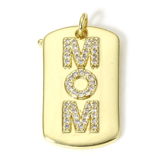 Immagine di 1 Pz Ottone Festa Della Mamma Charms Rettangolo 18K Vero Oro Placcato Lettere " Mom " Micro Spianare Trasparente Cubic Zirconiae 28mm x 14mm