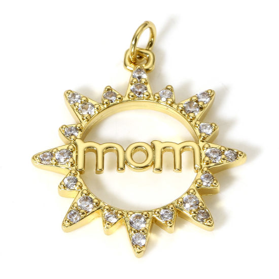 Immagine di 1 Pz Ottone Festa Della Mamma Charms Sole 18K Vero Oro Placcato Lettere " Mom " Micro Spianare Trasparente Cubic Zirconiae 23mm x 19mm