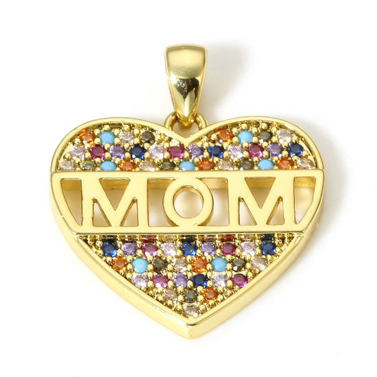 Immagine di 1 Pz Ottone Festa Della Mamma Ciondoli Pendenti Cuore 18K Vero Oro Placcato Lettere " Mom " Micro Spianare Multicolore Cubic Zirconiae 22mm x 18mm
