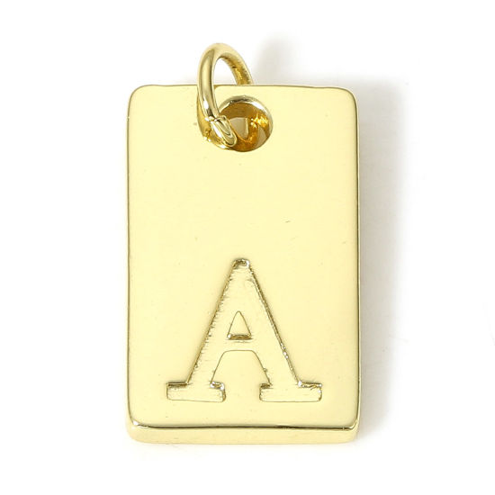 Picture of 1 Piece Brass Charms 18K Real Gold Plated Rectangle Initial Alphabet/ Capital Letter Message " A " 19mm x 10mm                                                                                                                                                