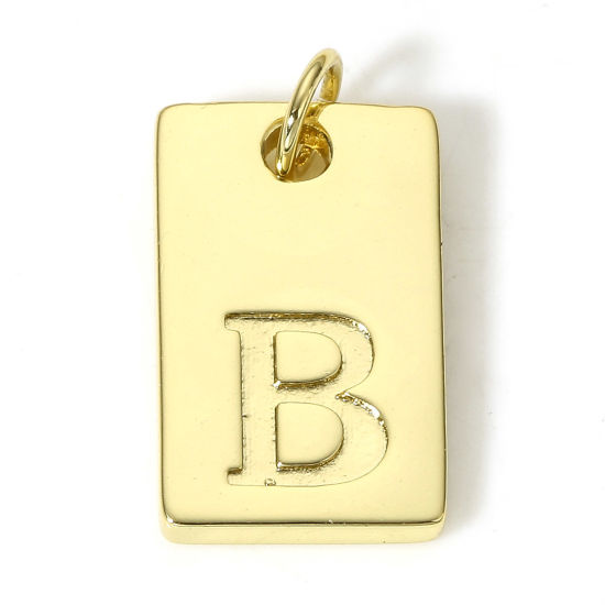 Picture of 1 Piece Brass Charms 18K Real Gold Plated Rectangle Initial Alphabet/ Capital Letter Message " B " 19mm x 10mm                                                                                                                                                