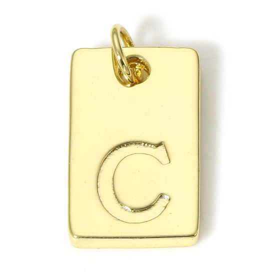 Picture of 1 Piece Brass Charms 18K Real Gold Plated Rectangle Initial Alphabet/ Capital Letter Message " C " 19mm x 10mm                                                                                                                                                