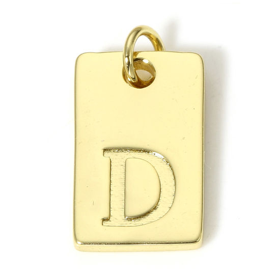 Picture of 1 Piece Brass Charms 18K Real Gold Plated Rectangle Initial Alphabet/ Capital Letter Message " D " 19mm x 10mm                                                                                                                                                
