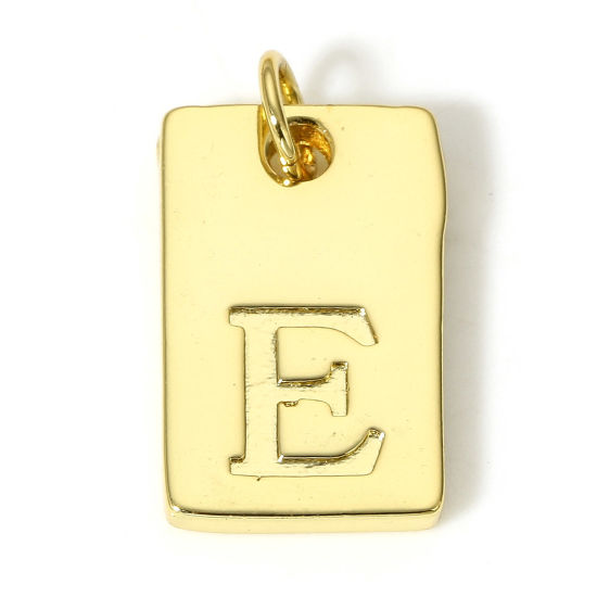 Picture of 1 Piece Brass Charms 18K Real Gold Plated Rectangle Initial Alphabet/ Capital Letter Message " E " 19mm x 10mm                                                                                                                                                
