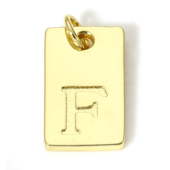 Picture of 1 Piece Brass Charms 18K Real Gold Plated Rectangle Initial Alphabet/ Capital Letter Message " F " 19mm x 10mm                                                                                                                                                