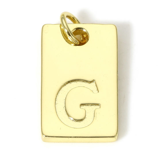 Picture of 1 Piece Brass Charms 18K Real Gold Plated Rectangle Initial Alphabet/ Capital Letter Message " G " 19mm x 10mm                                                                                                                                                