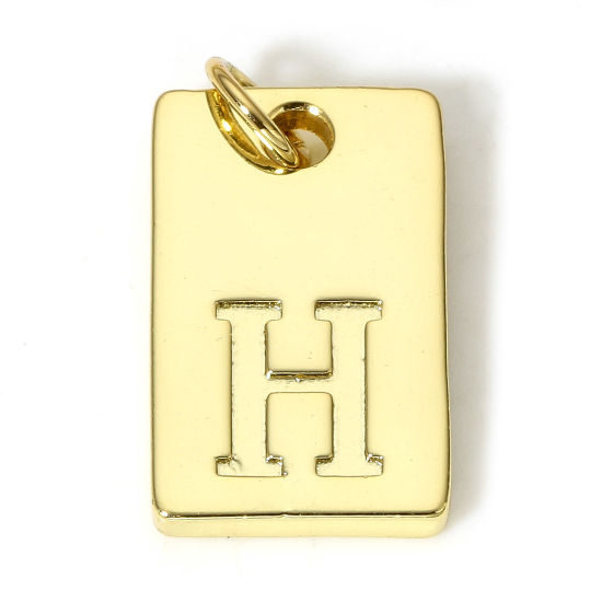 Picture of 1 Piece Brass Charms 18K Real Gold Plated Rectangle Initial Alphabet/ Capital Letter Message " H " 19mm x 10mm                                                                                                                                                
