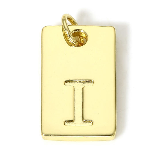 Picture of 1 Piece Brass Charms 18K Real Gold Plated Rectangle Initial Alphabet/ Capital Letter Message " I " 19mm x 10mm                                                                                                                                                
