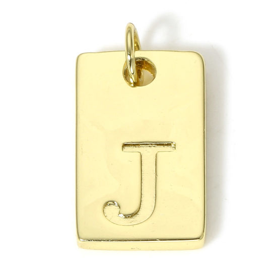 Picture of 1 Piece Brass Charms 18K Real Gold Plated Rectangle Initial Alphabet/ Capital Letter Message " J " 19mm x 10mm                                                                                                                                                