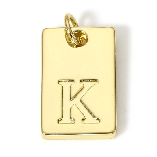 Picture of 1 Piece Brass Charms 18K Real Gold Plated Rectangle Initial Alphabet/ Capital Letter Message " K " 19mm x 10mm                                                                                                                                                