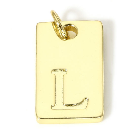 Picture of 1 Piece Brass Charms 18K Real Gold Plated Rectangle Initial Alphabet/ Capital Letter Message " L " 19mm x 10mm                                                                                                                                                