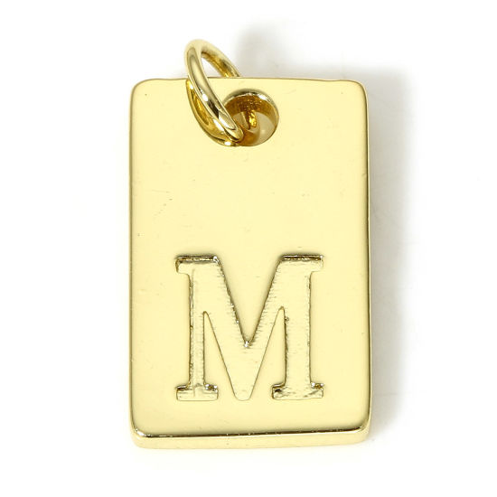 Picture of 1 Piece Brass Charms 18K Real Gold Plated Rectangle Initial Alphabet/ Capital Letter Message " M " 19mm x 10mm                                                                                                                                                